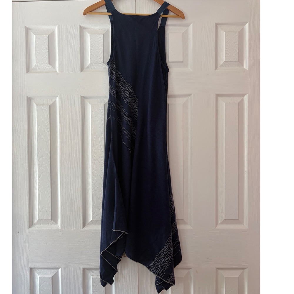 Sweet Sinammon Navy Blue Linen Blend Handkerchief Hem Midi Dress Womens Small